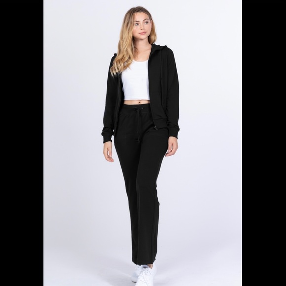 Black French terry long sleeve hoodie zip up jacket and pant set - Picture 3 of 4